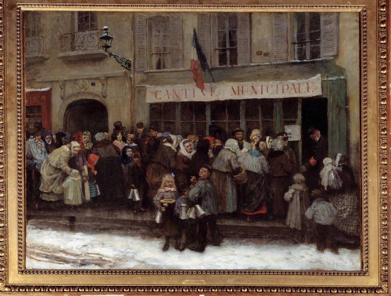 Kommunal kantine under Paris-beleiringen i 1870 parisere travle foran en kommunal kantine på tidspunktet for beleiringen av byen av prøysserne. Maleri av Henri Pille (1844-1897) av Henri Pille
