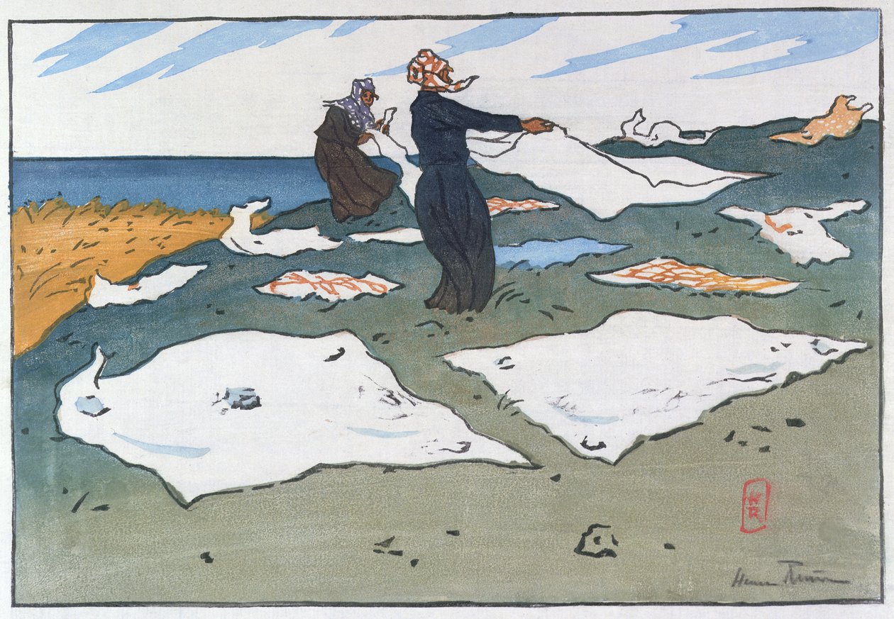 Bretonske vaskekvinner ved havet, ca. 1900 (farge litho) av Henri Rivière