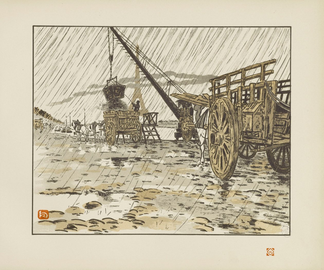 Fra Quai de Passy, i regnet [De trettiseks utsiktene over Eiffeltårnet] av Henri Rivière