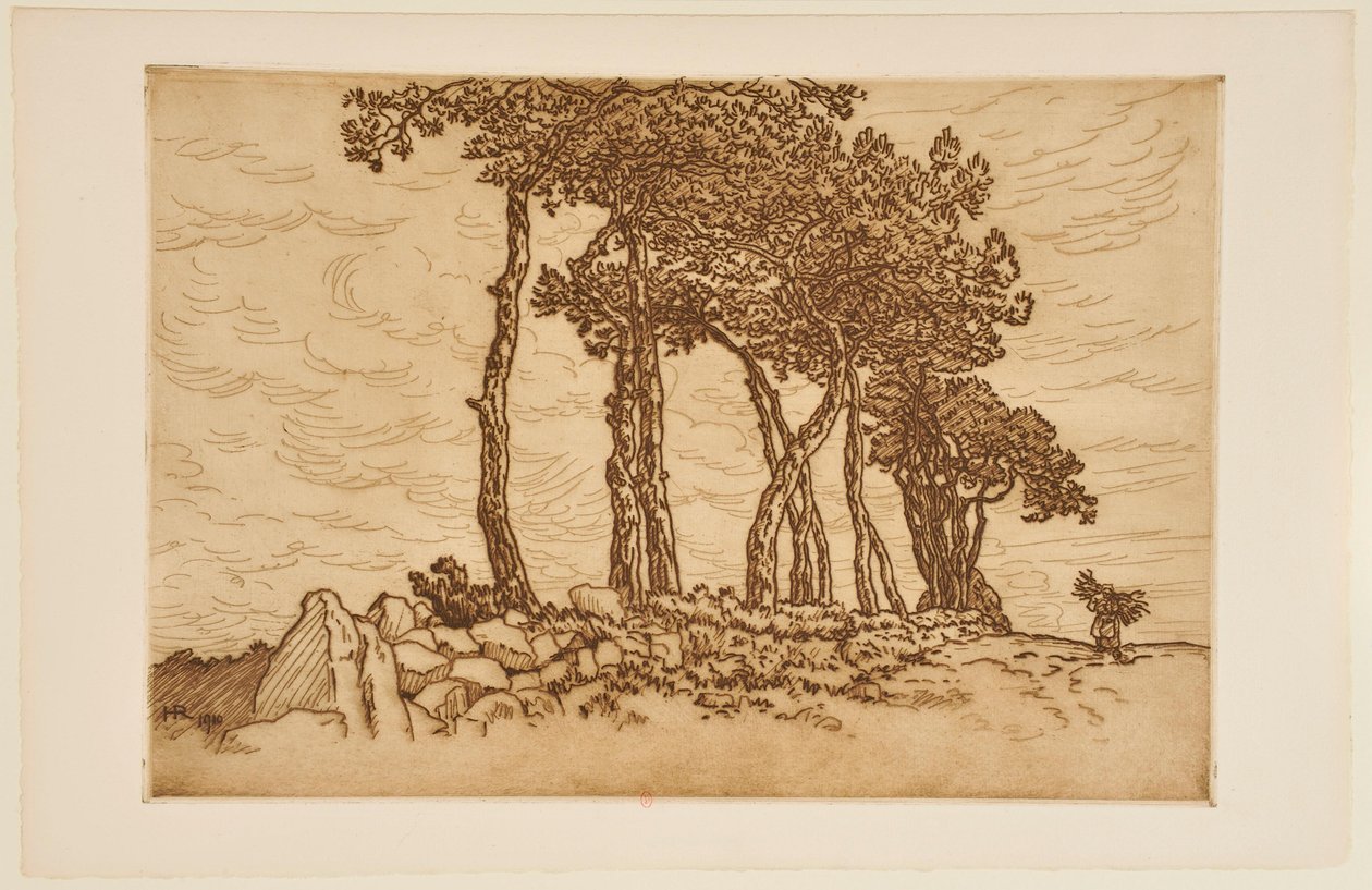 Alte Frau mit einem Bündel nahe einer Baumreihe av Henri Rivière