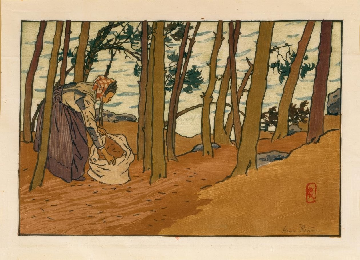 Kvinne som samler furunåler (Bords du Trieux, Loguivy) av Henri Rivière