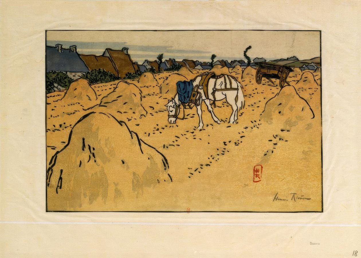 En hest og landsbyen La Chapelle (Saint-Briac) av Henri Rivière