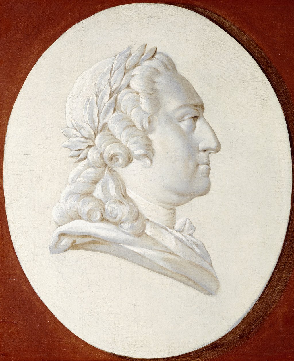 Portrett av kong Louis XV, bystelengde, i en malt oval, en Trompe l