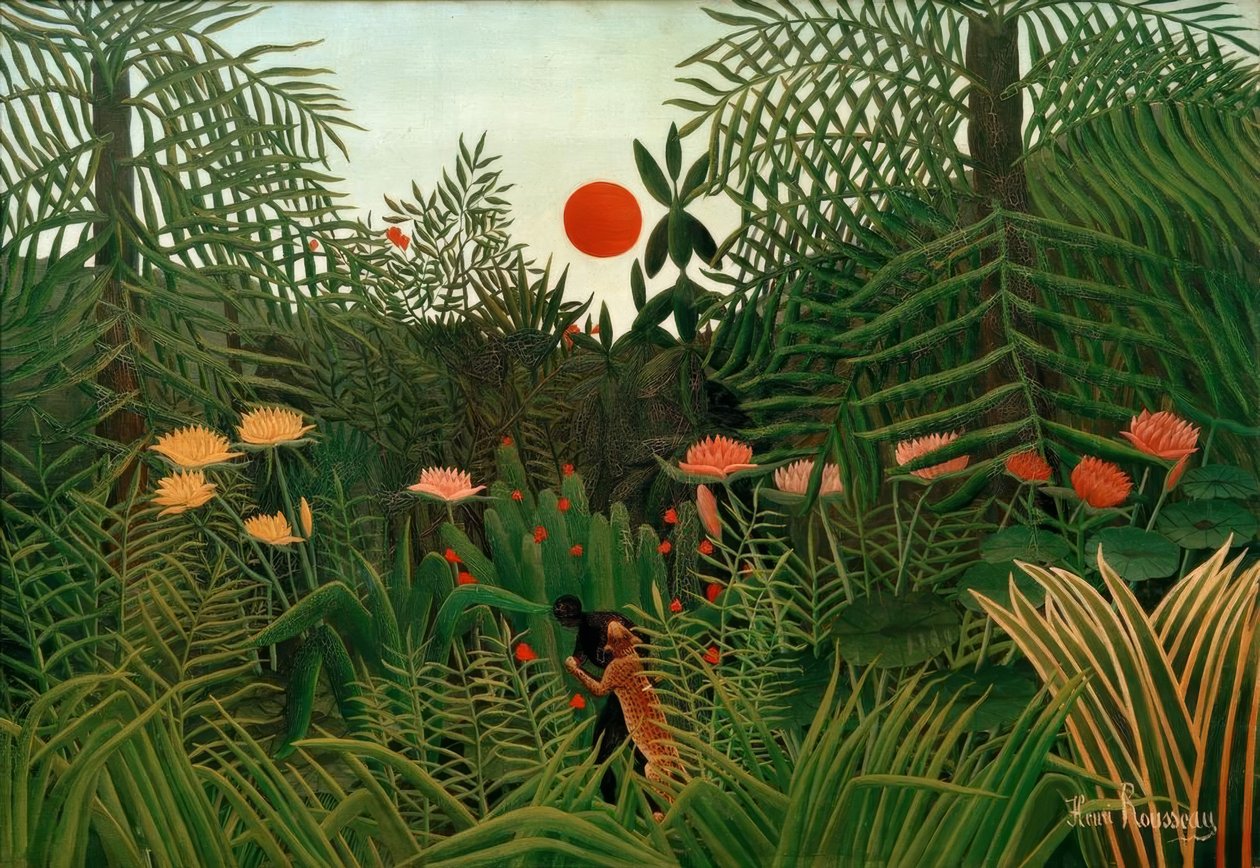 Jomfruskog ved solnedgang. Svart angrepet av en leopa av Henri Rousseau