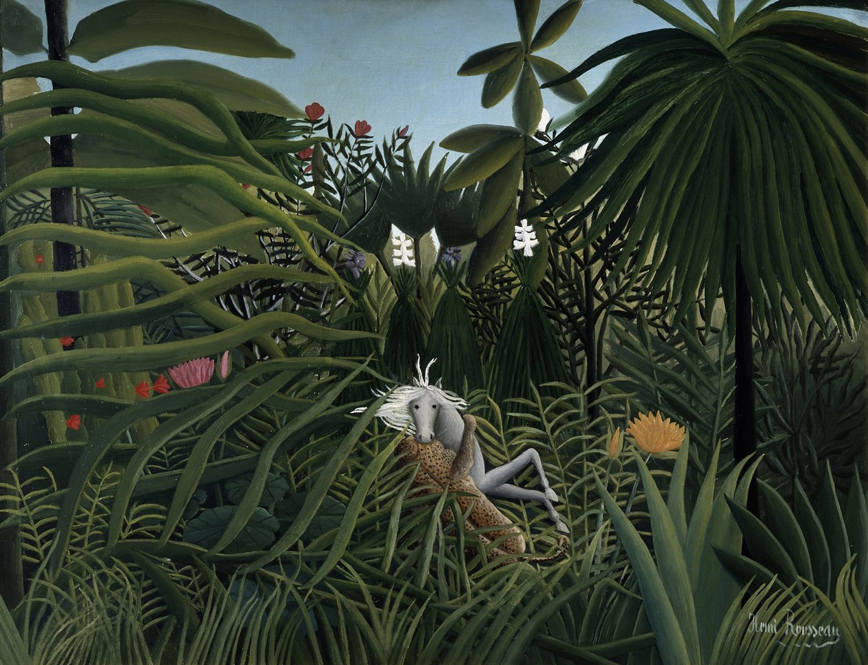 Jaguar angriper en hest, 1910 av Henri Rousseau