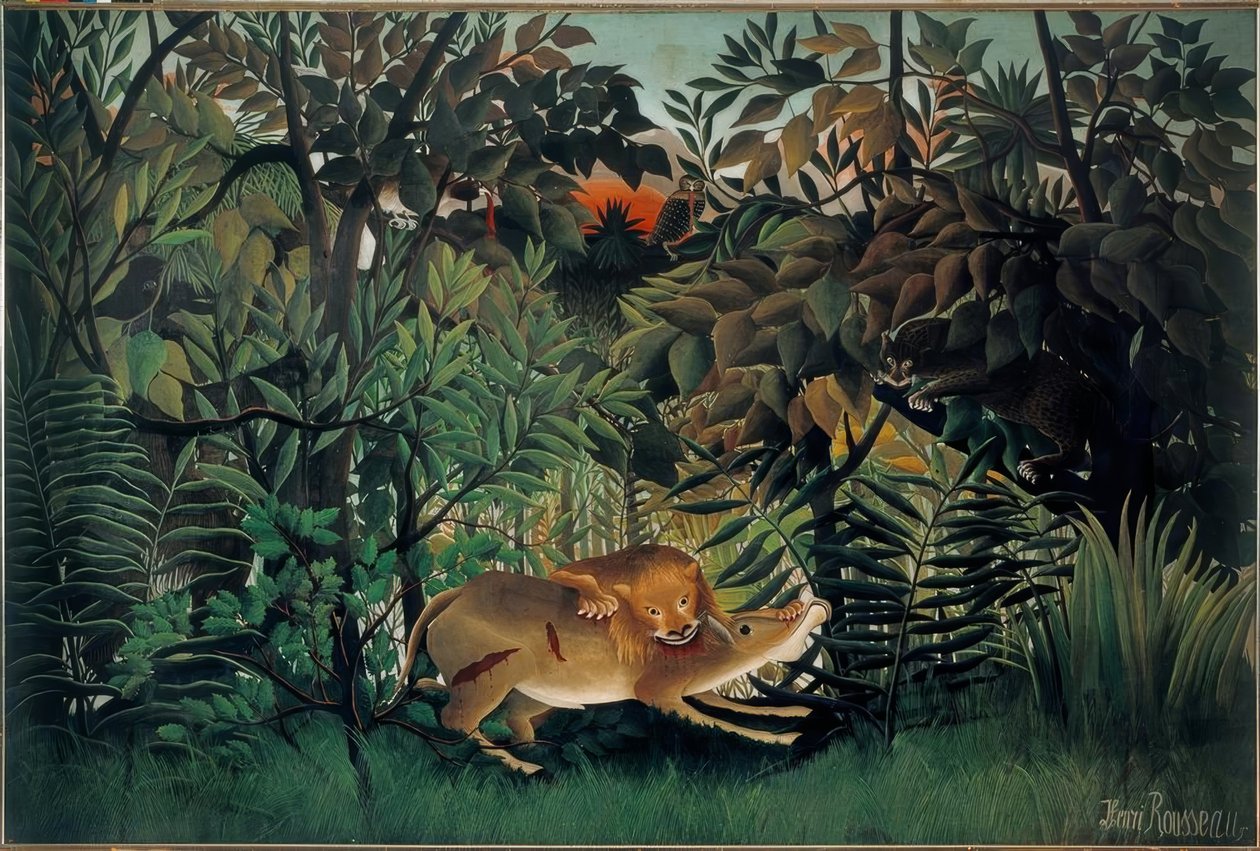Løven, sulten, kaster seg på antilopen av Henri Rousseau