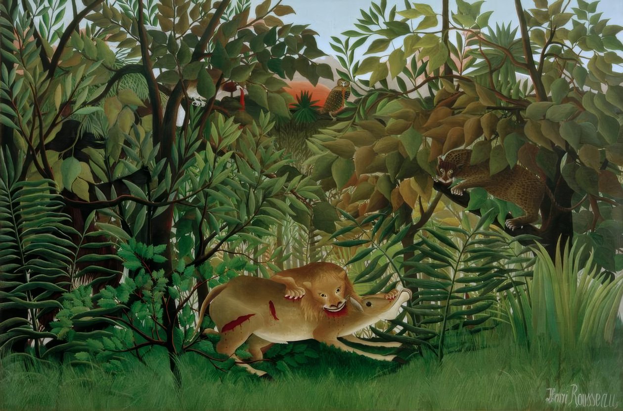 Løven, sulten, kaster seg på antilopen av Henri Rousseau