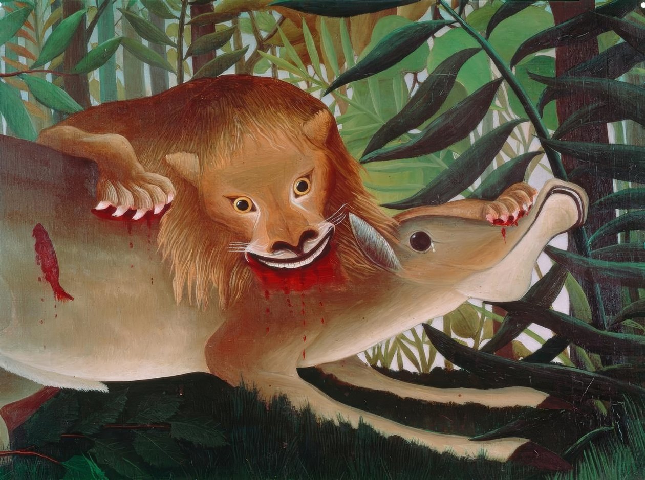 Løven, sulten, kaster seg på antilopen av Henri Rousseau