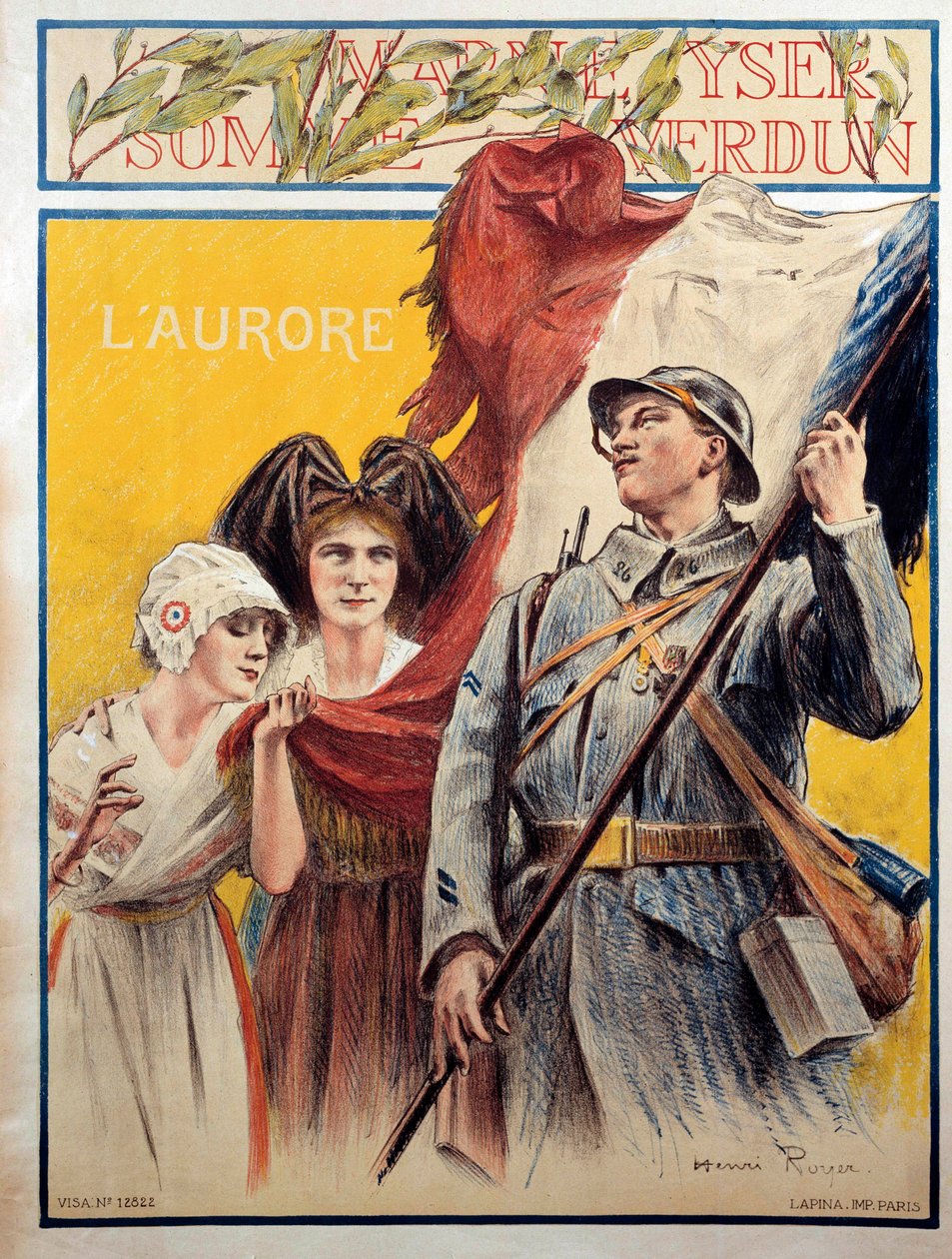 L'Aurore: propagandaplakat under første verdenskrig med to kvinner som representerer Alsace og Lorraine (Alsace-Lorraine) av Henri Royer