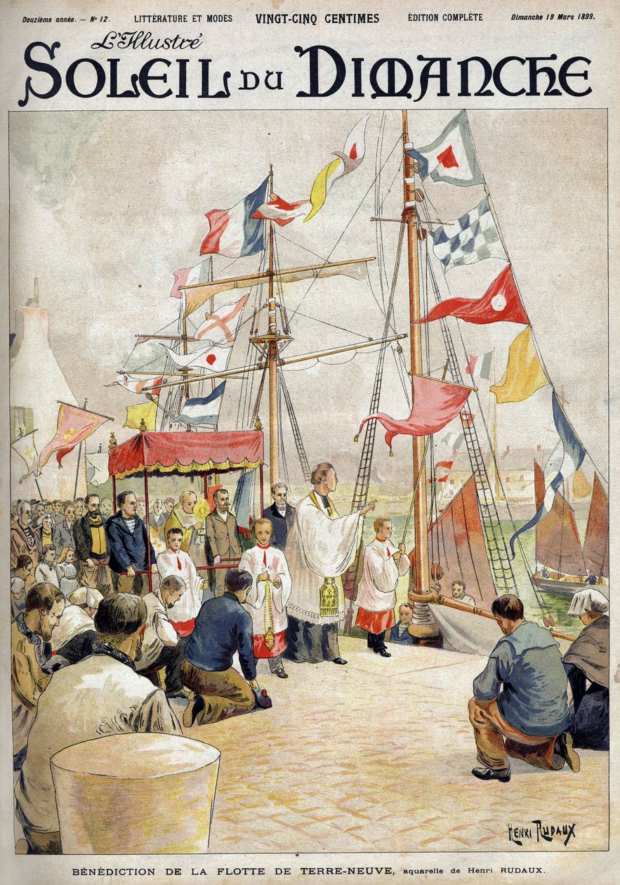 Benediction of the Newfoundland Fleet av Henri Rudaux. Gravering i “” Le sun-du-dimanche””, 19. mars av Henri Rudaux