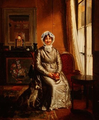 En dame med en hund i et interiør av Henri Serrur