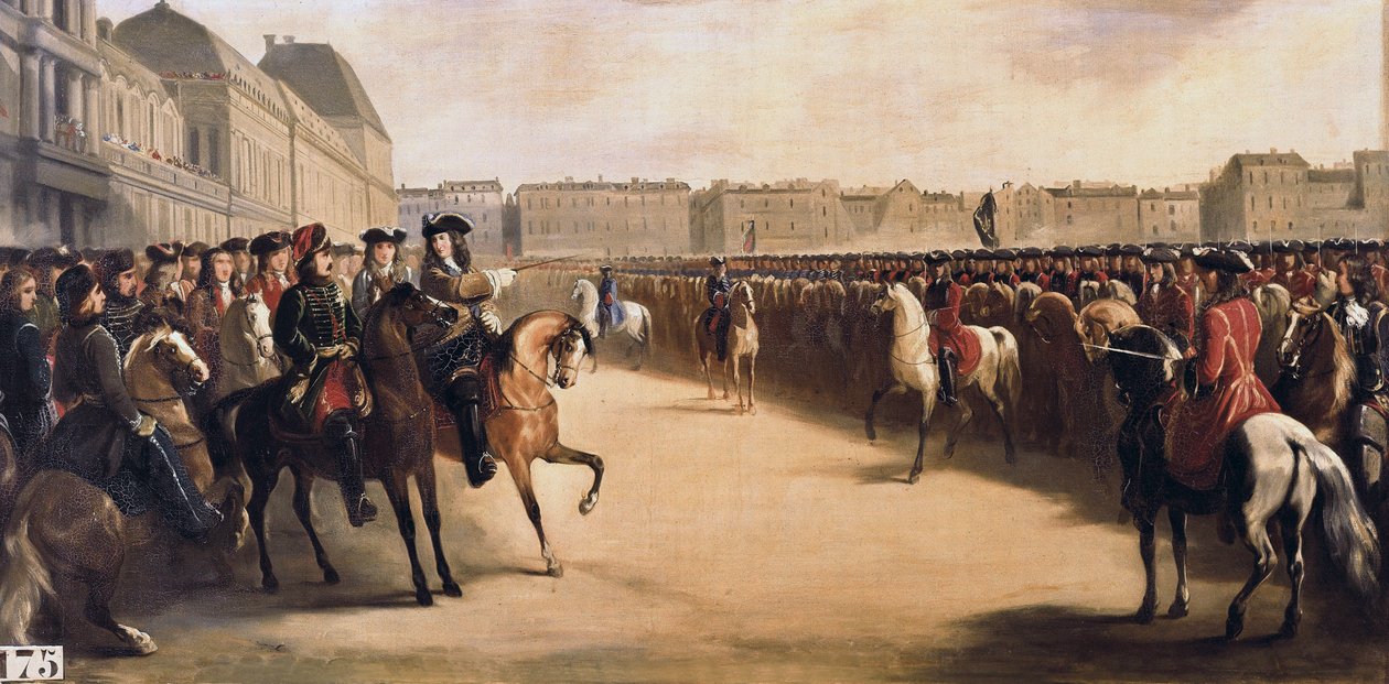 Tsar Peter I den store av Russland (1672-1725) akkompagnert av regenten Philip II hertugen av Orleans (1674-1723) under hans besøk i Frankrike gjennomgår de beredne troppene ved Tuileriene (Paris) 16.06.1717 av Henri Serrur