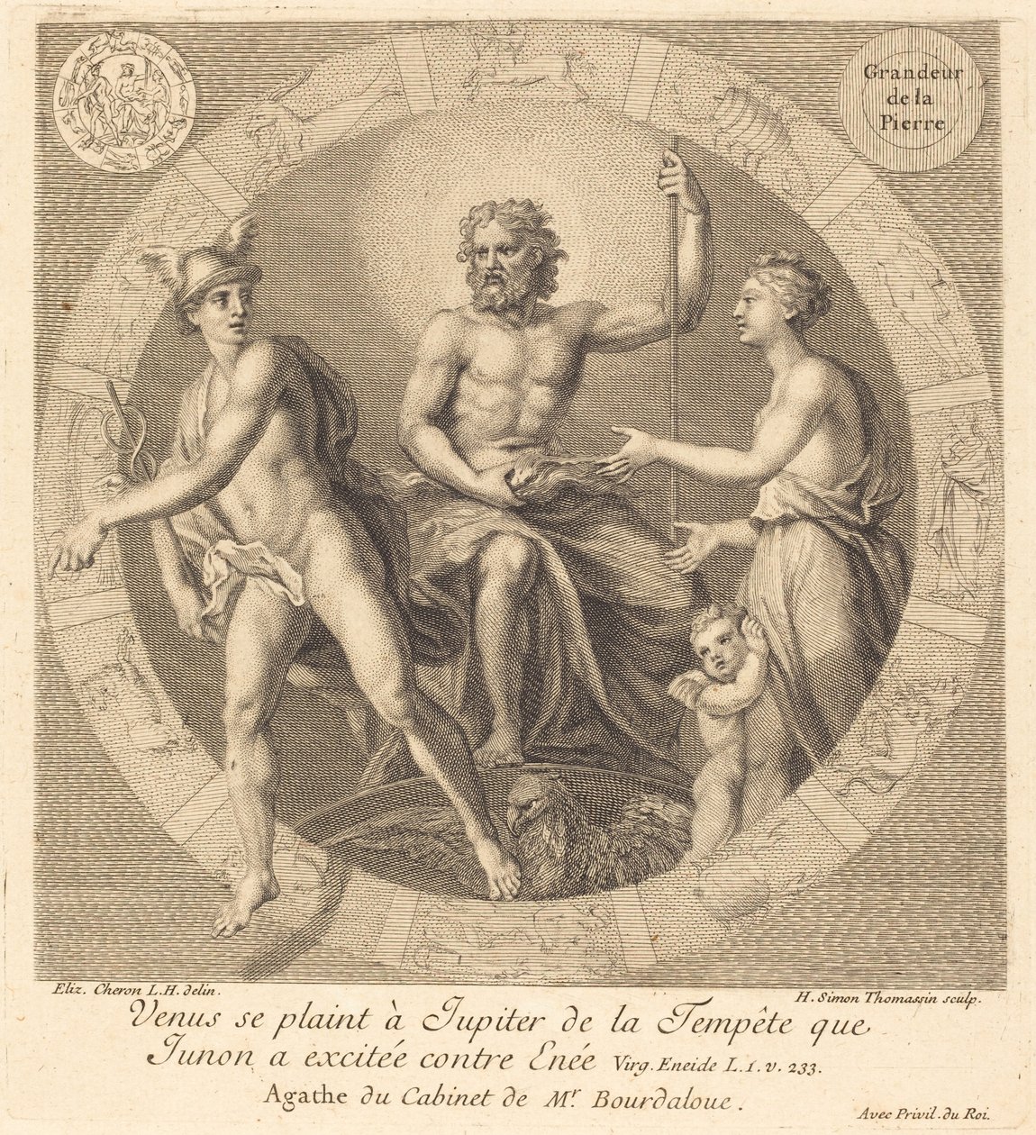 Venus klager til Jupiter om stormen som Juno vakte mot Aeneas av Henri Simon Thomassin after Elisabeth Sophie Cheron