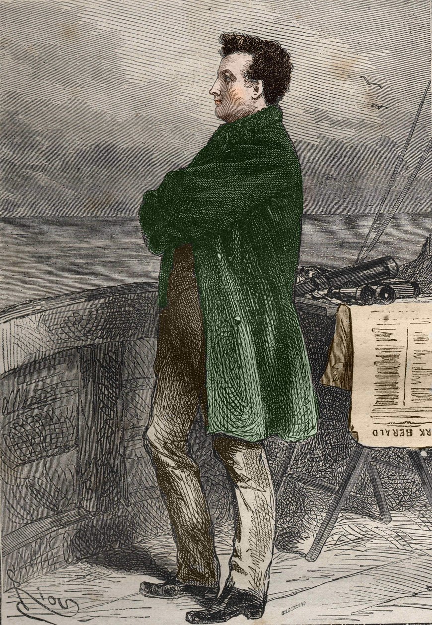 Professor Aronnax looking at the horizon. Twenty thousand lieues sous les mers”” (Twenty-thousand - 20,000 - 20000) by Jules Verne. engraving by Hildibrand “” av Henri Theophile Hildibrand