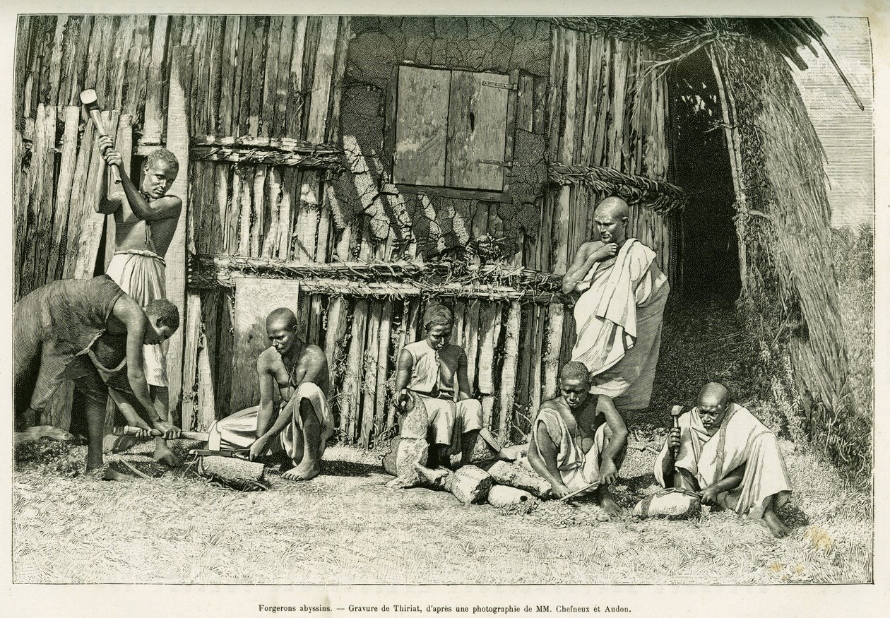 Abyssine smeder. Gravering av Thiriat, etter et fotografi, for å illustrere historien Voyage au Choa (Abyssinie meridionale) av Henri Thiriat