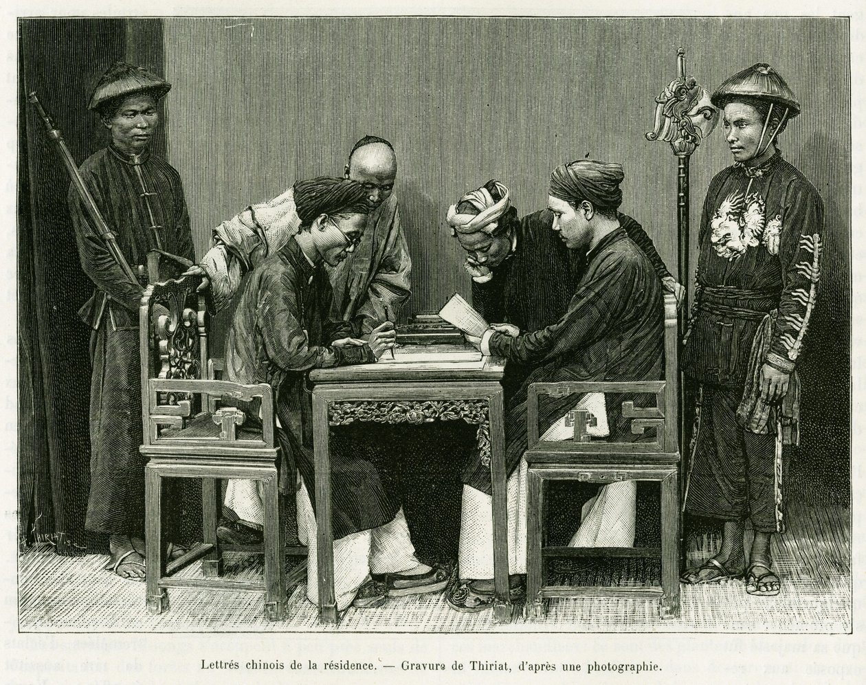 Kinesiske brev fra den franske residensen i Hanoi. Gravering av Thiriat, etter et fotografi, for å illustrere historien Trente mois au Tonkin i 1884, av Doctor Hocquard, i le tour du monde 1889, regissert av Edouard Charton (1807-1890), Hachette, Paris. av Henri Thiriat