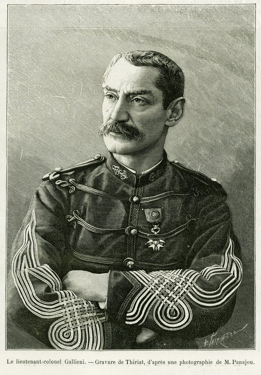 Oberstløytnant Joseph Gallieni (1849-1916). Gravering av Thiriat, for å illustrere historien To kampanjer i Fransk Sudan av Henri Thiriat