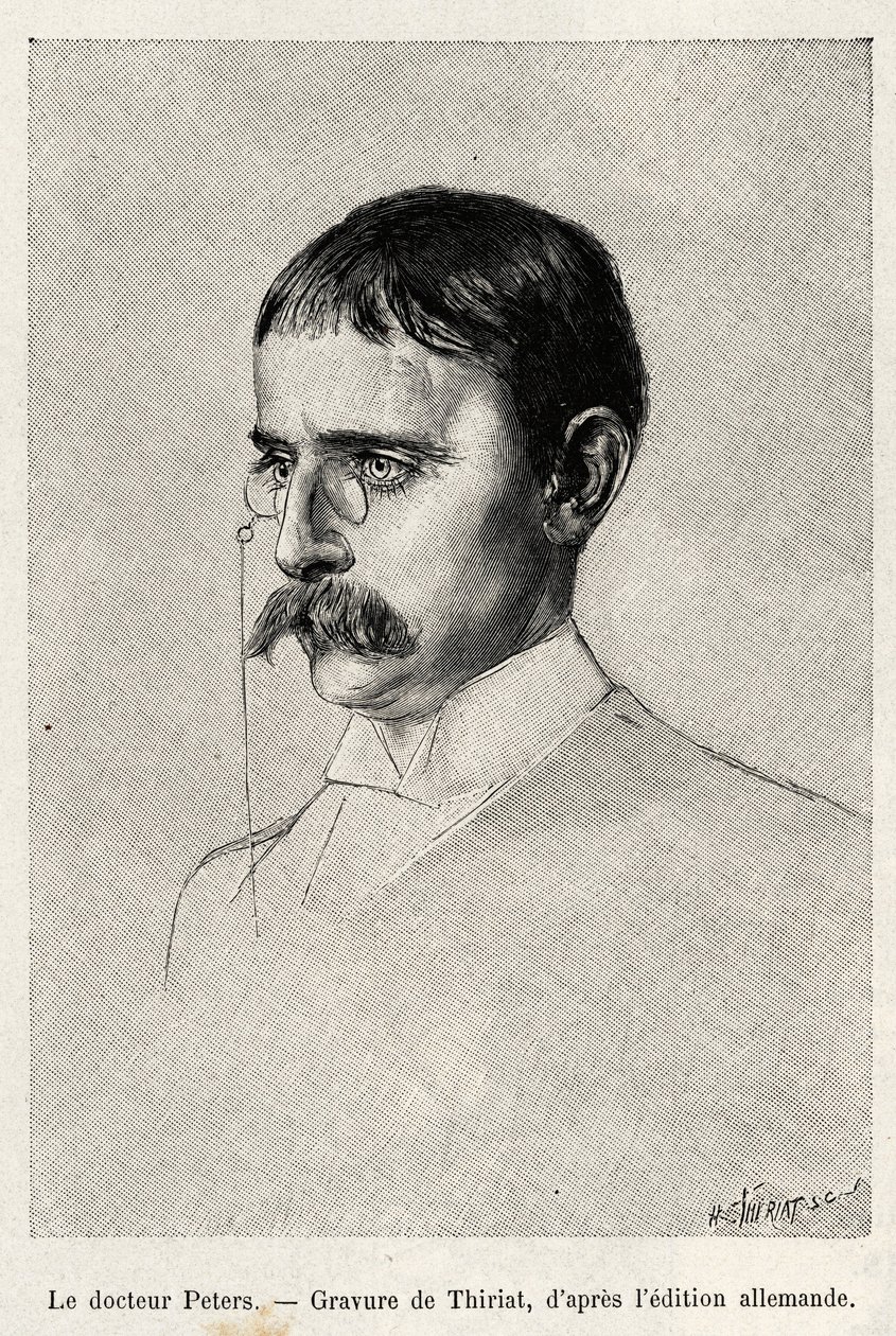 Portrett av Dr. Carl Peters (1856-1918) tysk oppdagelsesreisende. Gravering av Thiriat for å illustrere historien "" Au secours d
