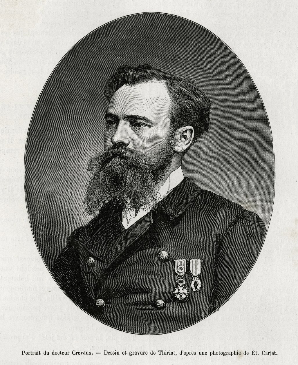 Portrett av Dr. Jules Nicolas Crevaux (1847-1882), lege og oppdagelsesreisende i Sør-Amerika (fra Fransk Guyana til Argentina), han interesserte seg veldig for studiet av moral og historien til befolkningen han møtte under sine reiser, han redisjonerte man av Henri Thiriat