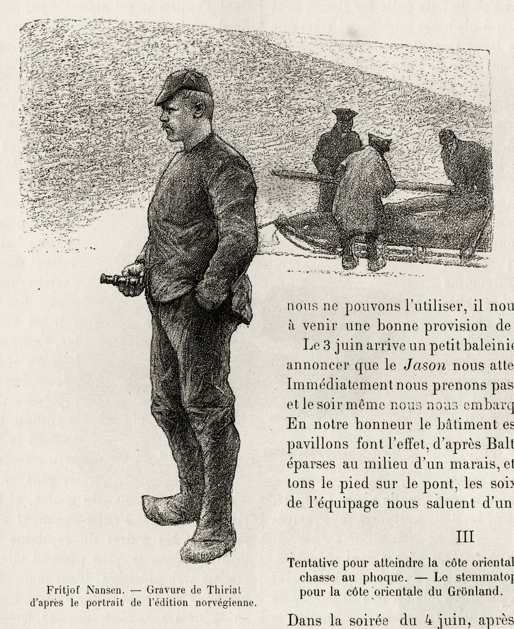 Portrett av Fridtjof Nansen (1861-1930) norsk polfarer. Gravering av Thiriat, for å illustrere historien "" La premiere travversee du Greenland"" av Fridtjof Nansen (1861-1930), i 1888, i Le tour du monde, nouveau journal des voyages, redigert av Edo av Henri Thiriat