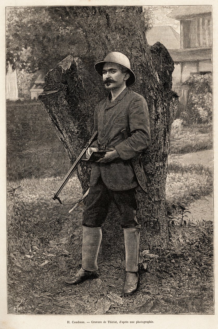 Portrett av Henri Coudreau (1859-1899), professor i geografi og oppdagelsesreisende av Amazonas (Brasil). Gravering av Thiriat for å illustrere historien "" blant våre indianere, fire års reise i Fransk Guyana "" av Henri Thiriat