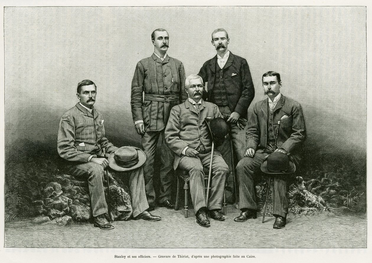 Portrett av Henry Morton Stanley (John Rowlands 1841-1904) omgir hans offiserer fra venstre: Dr. Thomas Heazle Parke (1857-93), Robert H. Nelson, William G. Stairs og Arthur J. M. Jephson. Gravering av Thiriat, for å illustrere historien Dans les tenebr av Henri Thiriat