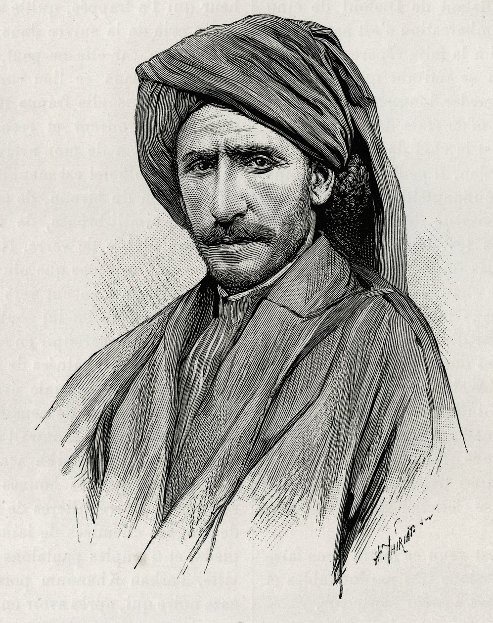 Portrett av Sheik Moses, den mektigste stammelederen på Arabistan (eller den arabiske halvøya). Gravering av Thiriat, for å illustrere historien "" Persia, Chaldee og Susiane"" av Henri Thiriat