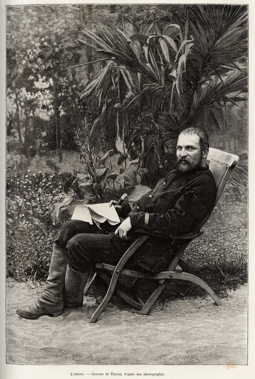 Portrett av forfatteren Dr. Charles Edouard Hocquard (1853-1911), medisinsk hovedfag av 1. klasse. Gravering av Thiriat, for å illustrere historien "" Trente mois au Tonkin"" av Dr. Charles Edouard Hocquard (1853-1911), i 1885, i Le tour du monde, nouveau  av Henri Thiriat