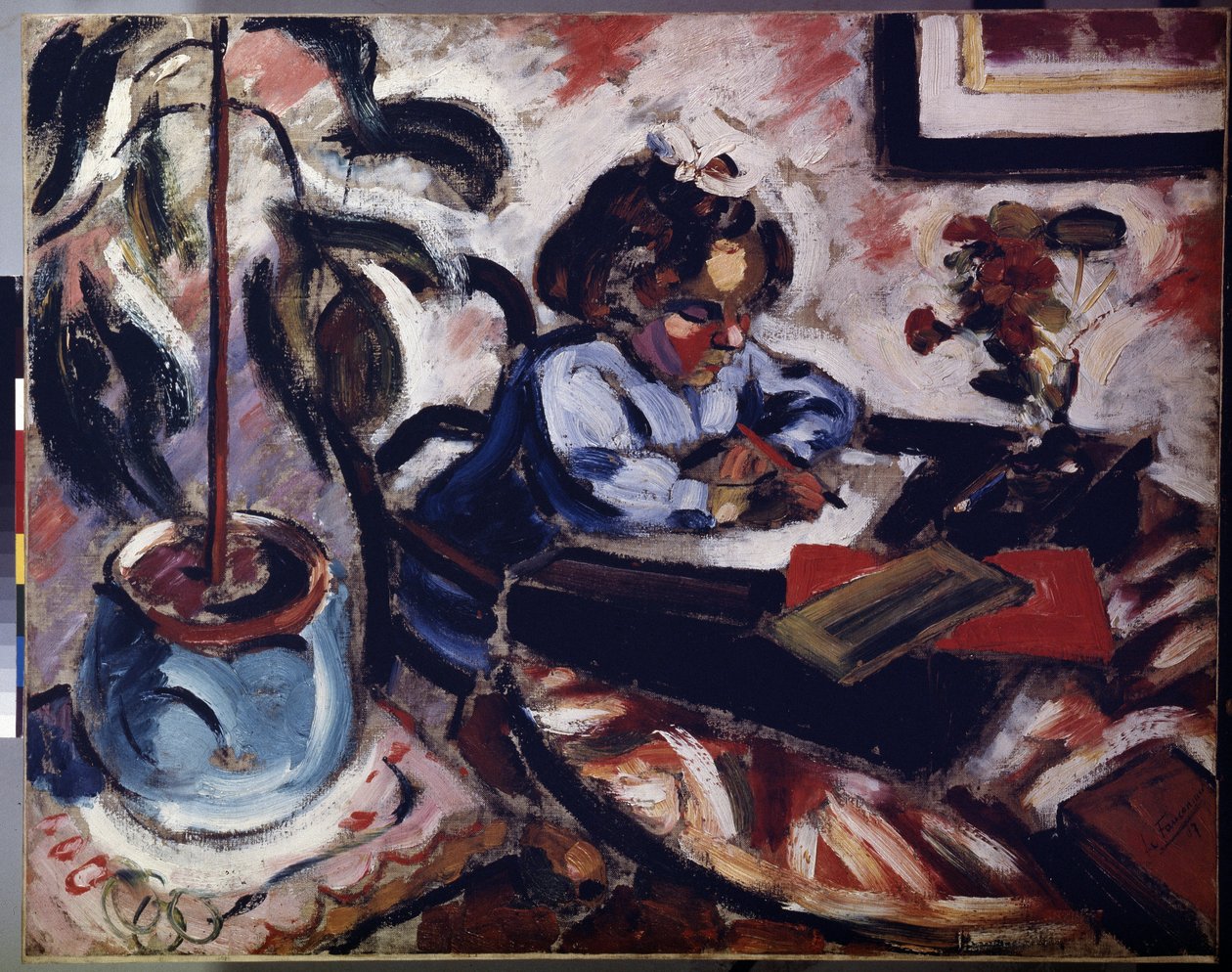 ""La petite ecoliere"" (En liten skolejente) Liten jente gjør skoleleksene sine. Maleri av Henri Victor Gabriel Le Fauconnier (1881-1946) 1907 Dim. 73x92 cm Hermitage Museum, Saint Petersburg (Saint-Petersburg) av Henri Victor Gabriel Le Fauconnier