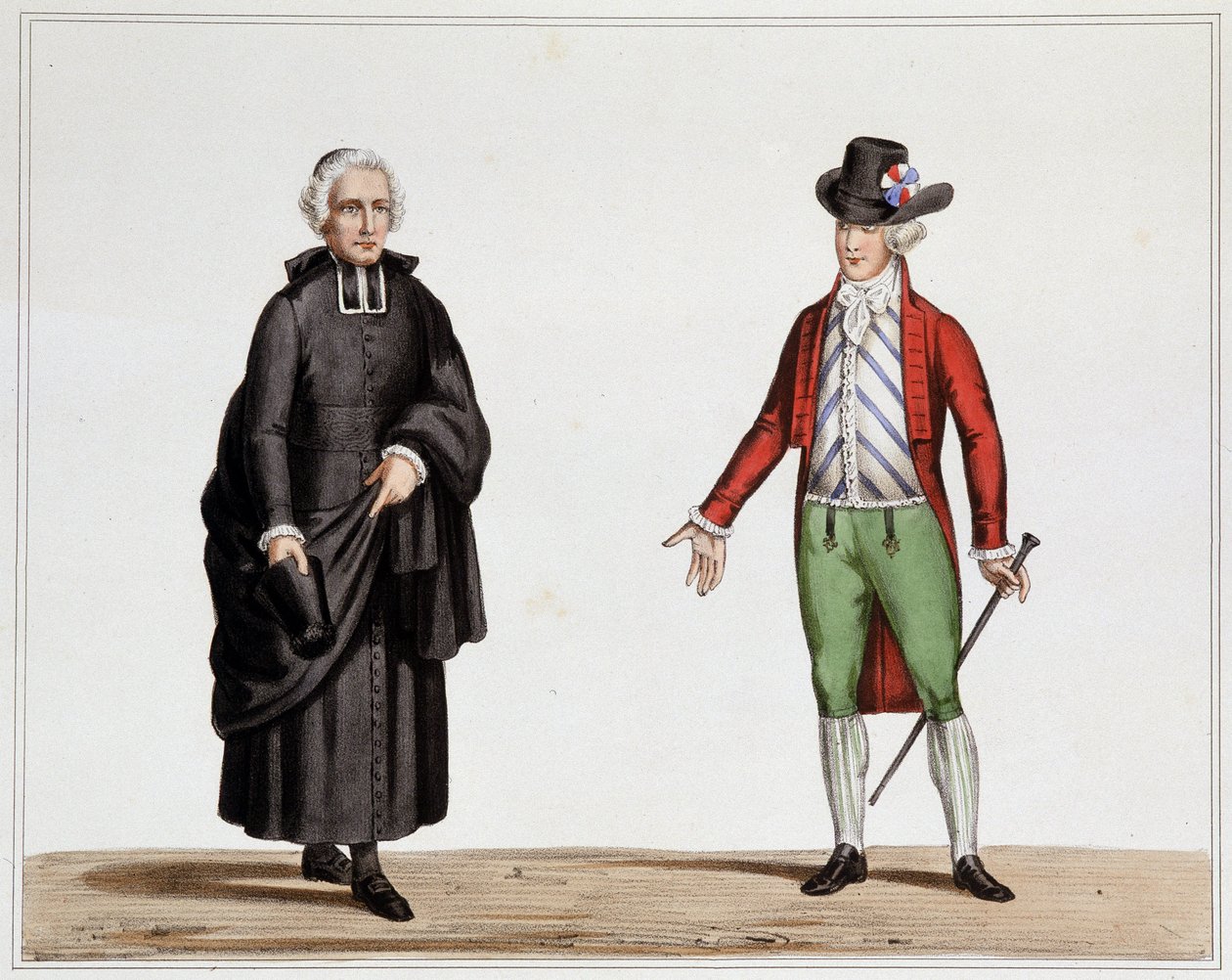 En stedfortreder for presten og en mann i mote fra september 1789 - Litografi av skurk, fra samlingen av kostymer, våpen og møbler for å tjene i historien til den franske revolusjonen og imperiet, av grev Horace de Viel Castel, utgave Canson av Henri Villain