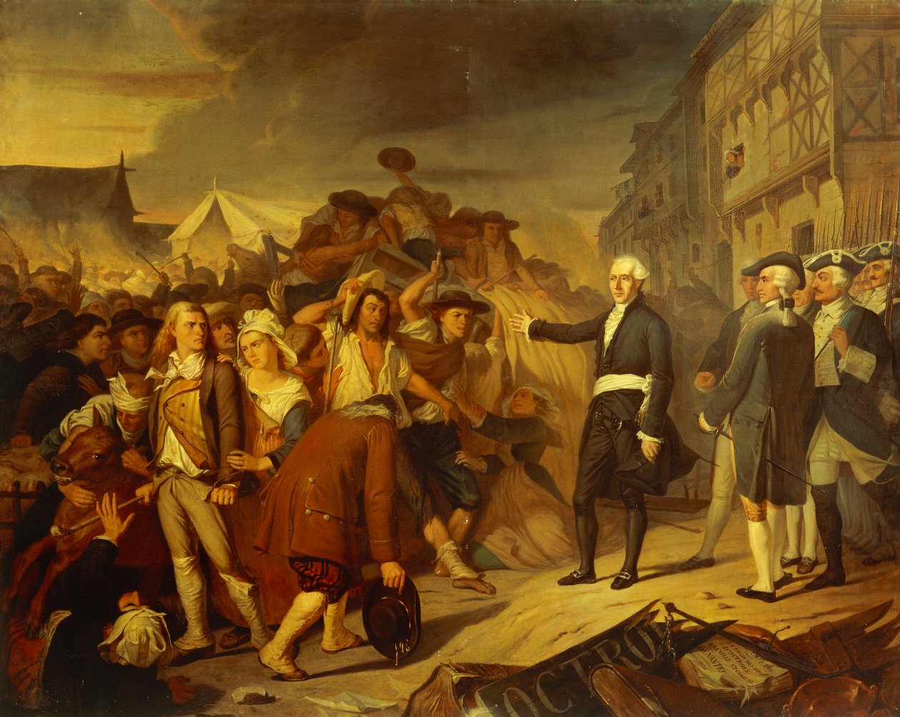 Ordfører Kervegan i Nantes stoppet et opprør av bønder ved bompengebarrieren i 1790 av Henri Villain