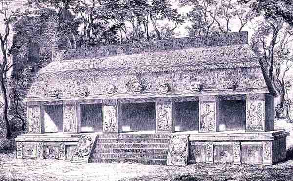 Restaurering av den indre fløyen til palasset i Palenque, fra The Ancient Cities of the New World, av Claude-Joseph-Desire Charnay, pub. 1887 av Henri after Toussaint