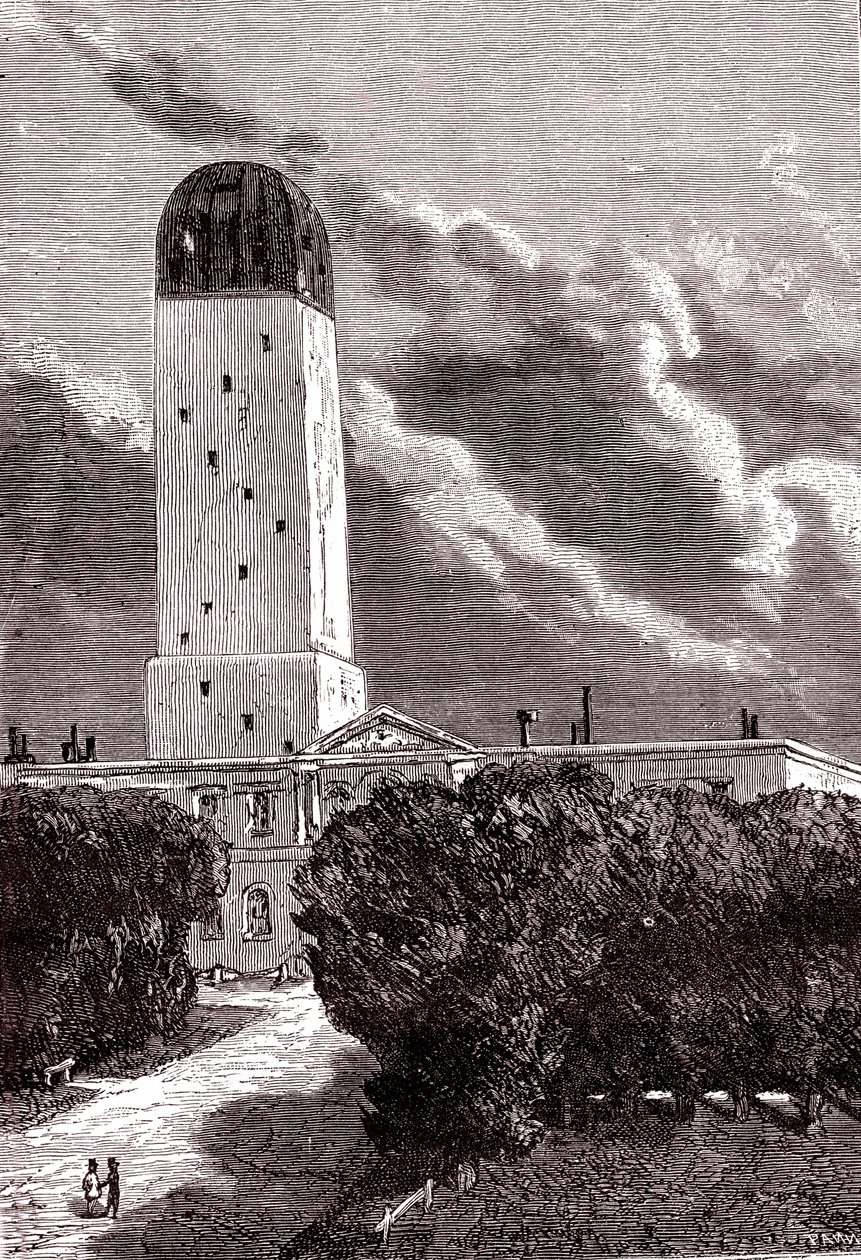 Cambridge-observatoriet, "From the Earth to the Moon" av Jules Verne av Henri de (after) Montaut