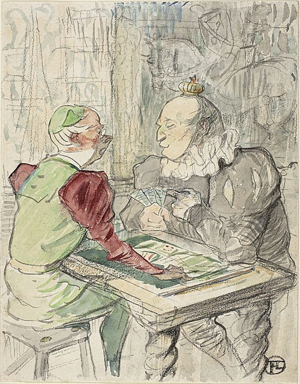 The King's Card Game, kopi, etter 1895 (akvarell og fargestift på papir) av Henri de (after) Toulouse Lautrec