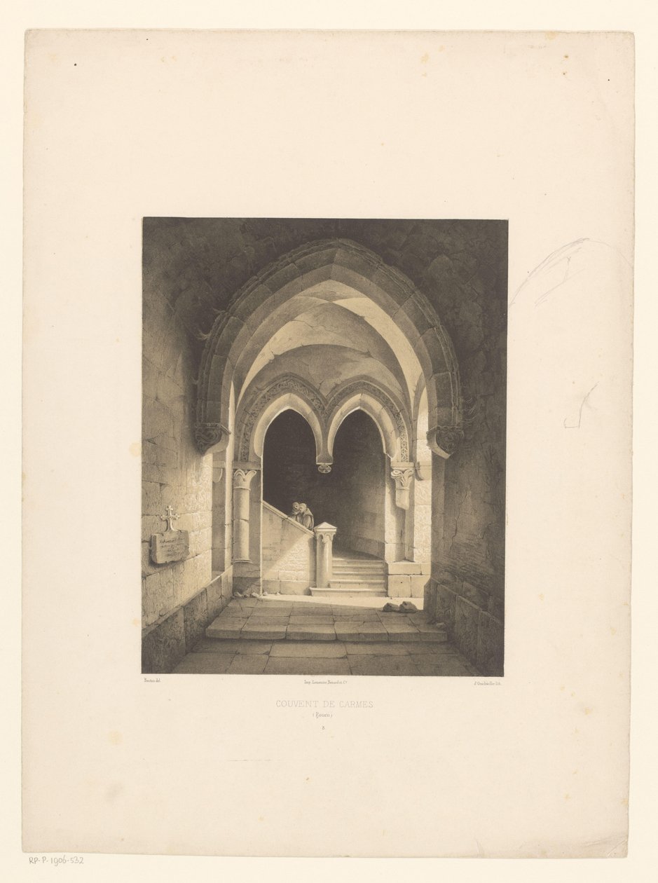 Interiør i et kloster med to munker i bakgrunnen Couvent de Carmes, Rouen (tittel på objekt) av Henri de Boug d