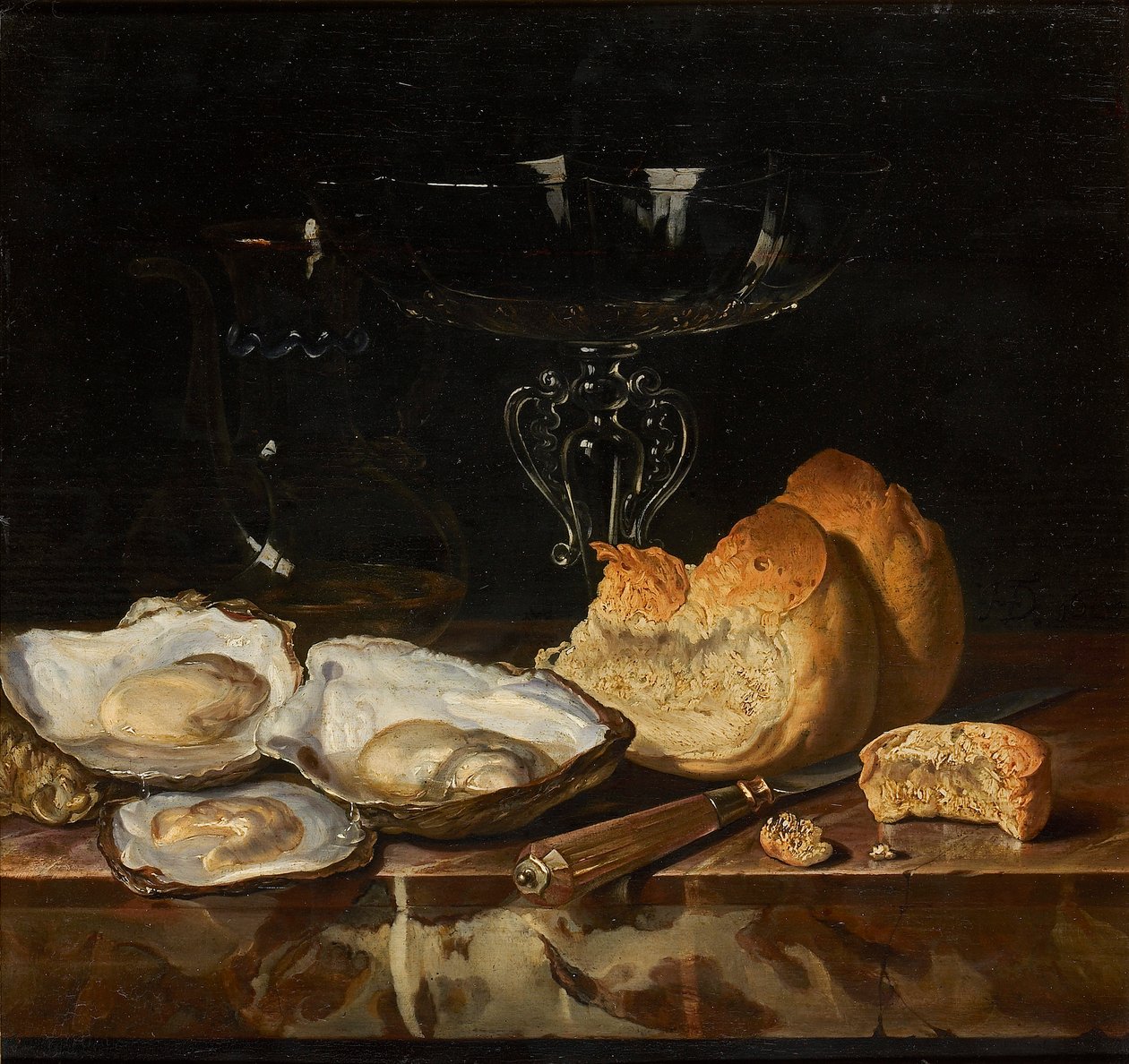 Stilleben med østers, brød og venetiansk vinglass, 1661. av Henri de Fromantiou