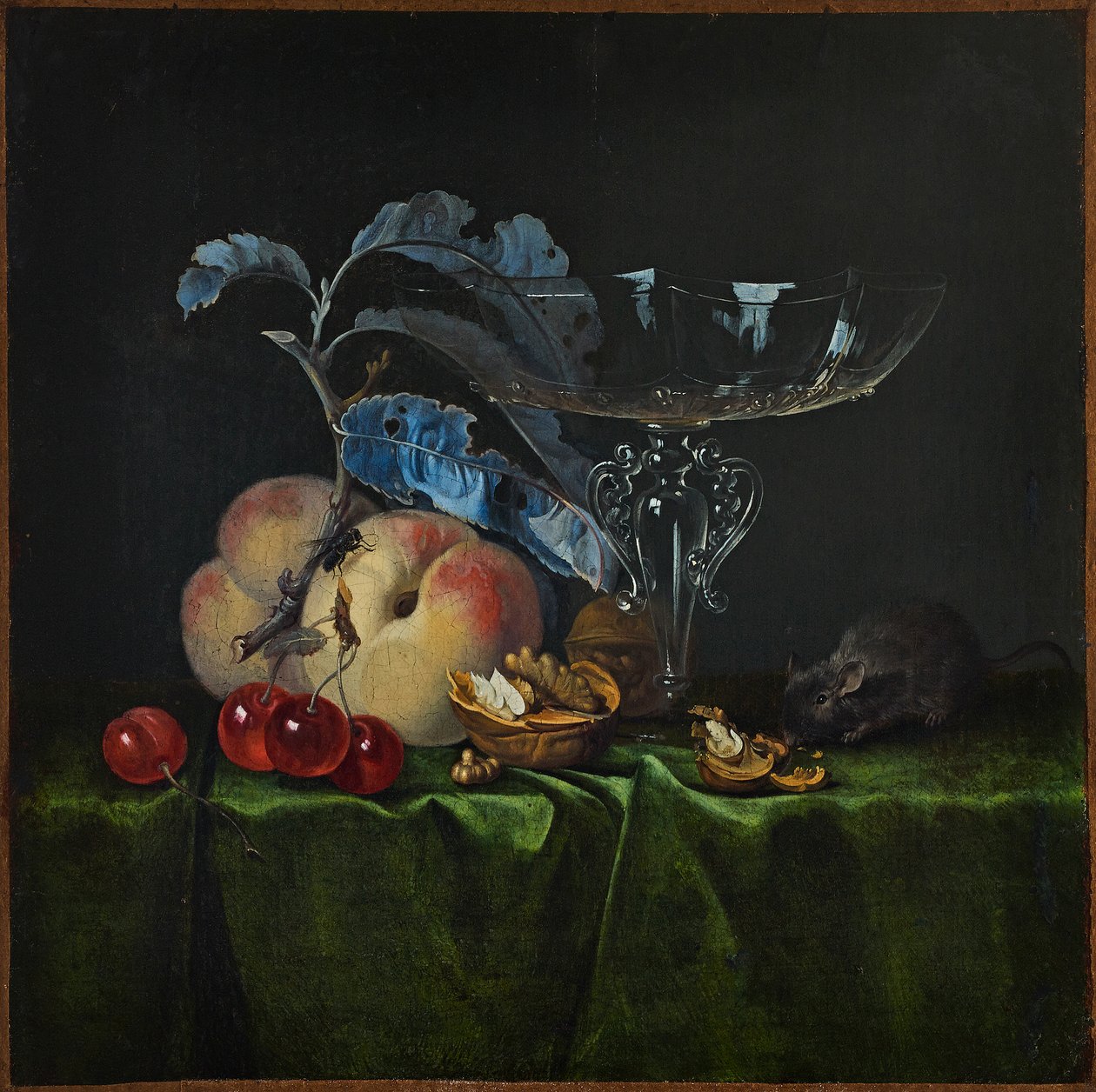 Stilleben med fersken, valnøtter, mus og venetiansk vinglass, 1661. av Henri de Fromantiou