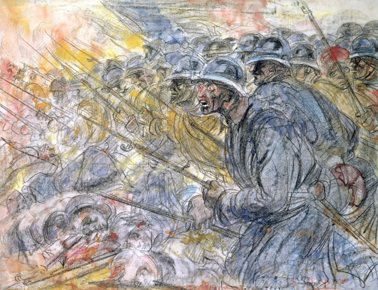 The Assault, Verdun (blyant og wc på papir) av Henri de Groux