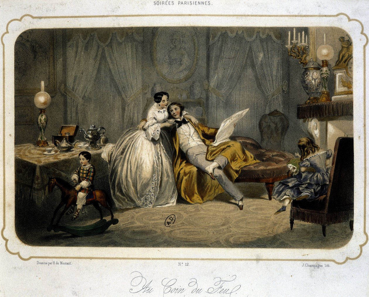 Borgerlig familie hviler i stuen - litografi, v.1820. av Henri de Montaut