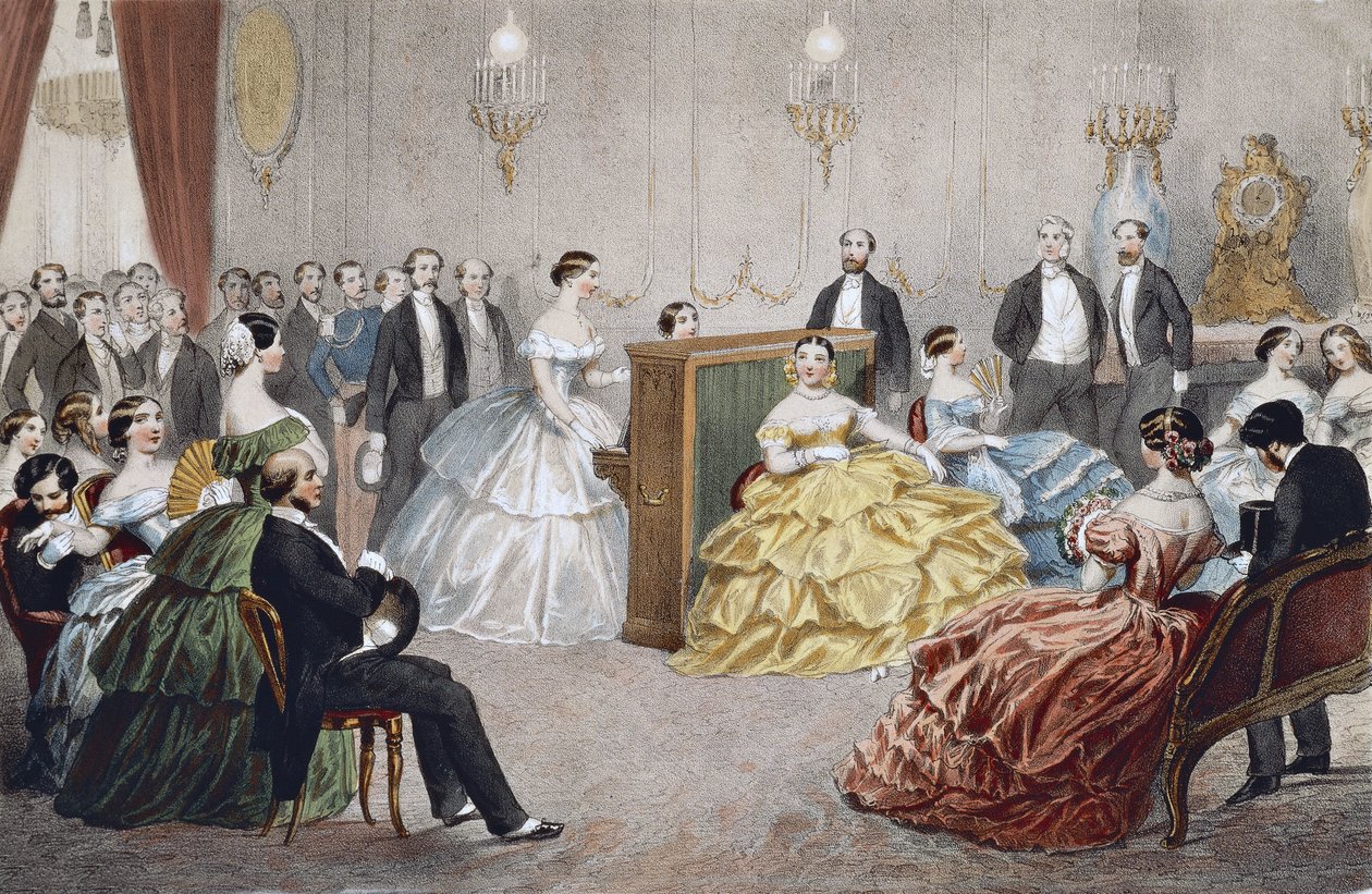 Pariserkvelder - En konsert på Chaussee d'Antin - gravering av Henri de Montaut (1825-1890) og J. Champagne - Parisiske fester: en konsert på Chaussee d'Antin. Gravering. av Henri de Montaut