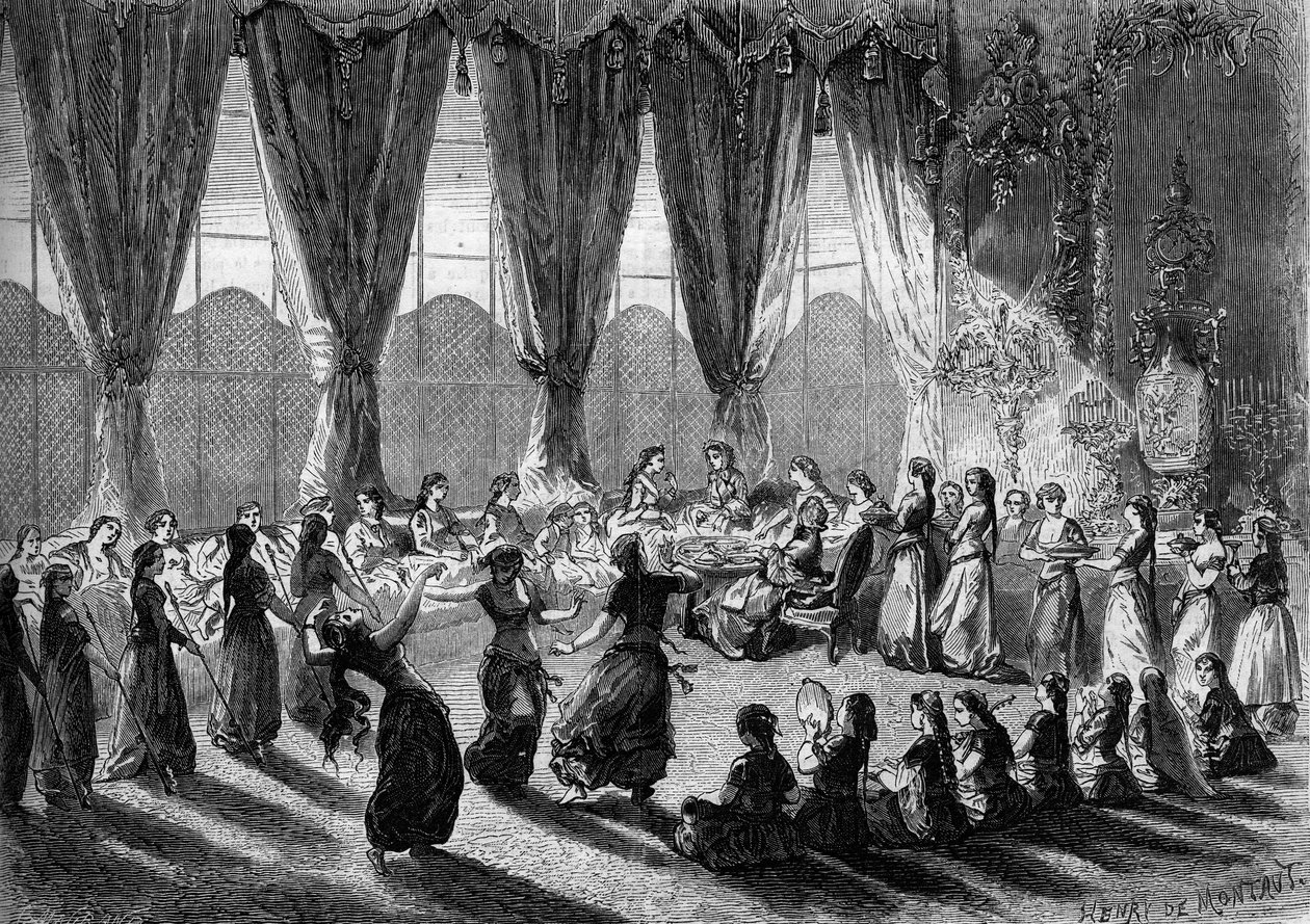 Mottak av europeiske damer i serailet til Kairo av visedronningen av Egypt. Tjenester bringer rettene mens musikere og dansere fremfører showet. 1800-tallet. Gravering av Henri de Montaut i ""The Illustrous World"" nr. 320 av 30. mai 1863. av Henri de Montaut