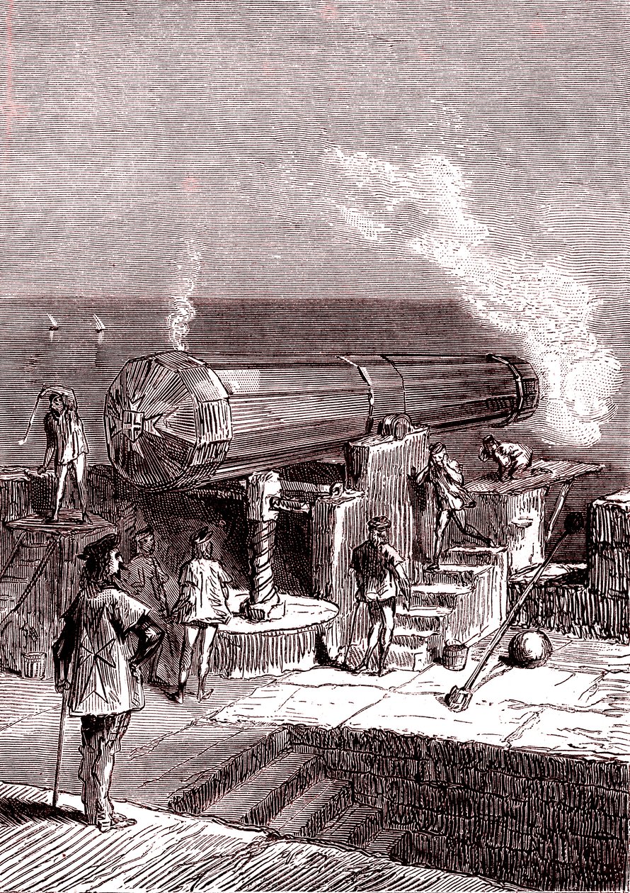Den gigantiske kanonen på øya Malta, kunstverk, "Fra jorden til månen" av Jules Verne av Henri de Montaut