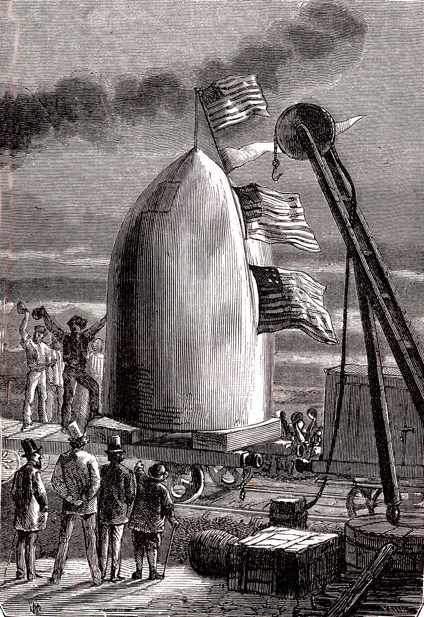 Det gigantiske pistolprosjektilet ankom Stone's Hill for å bli avfyrt til månen, "From the Earth to the Moon" av Jules Verne av Henri de Montaut