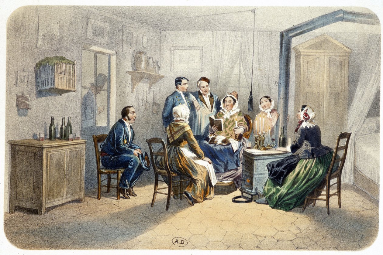 Vigil: "" En lesning ved døren"" av de Montaut (concierge lodge), n.d. 1800-tallet av Henri de Montaut