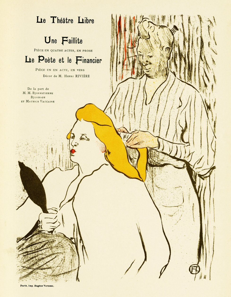 En blond kvinne ser på seg selv i et speil mens hun får stylet håret. Plakat for Une faillite et Le Poete et le Financier, teaterstykker representert i 1893 ved Free Theatre opprettet i 1887 av Andre Antoine (1858-1943), Illustration en lithogr av Henri de Toulouse Lautrec