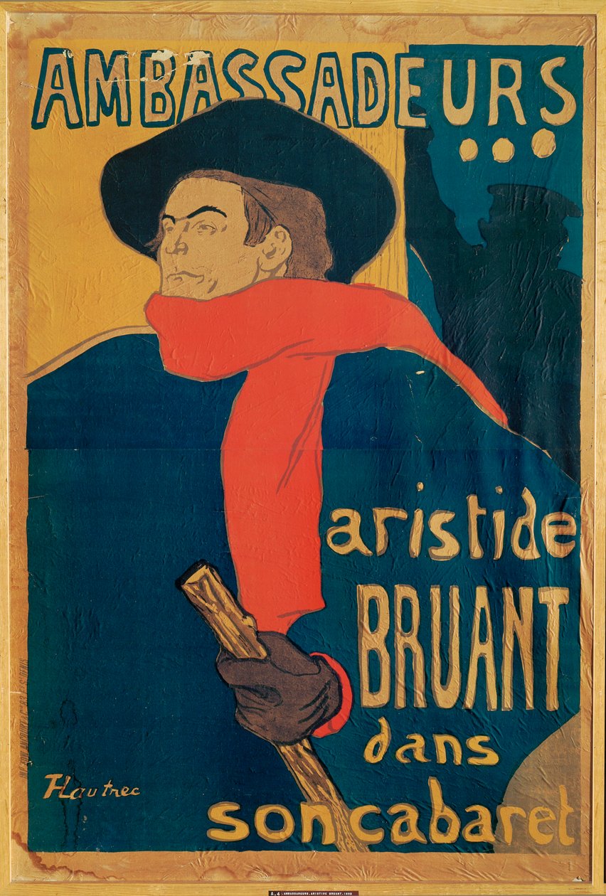 Aristide Bruant, sanger og komponist, på en plakat som annonserer hans opptreden på den elegante nattklubben «Les Ambassadeurs» på Champs-Élysées (litografi) av Henri de Toulouse-Lautrec