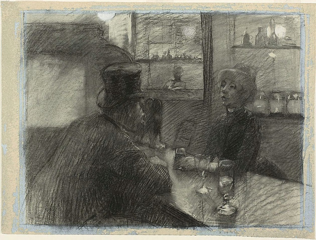 Bar på kaféen i rue de Rome, ca. 1886 (kull og hvitt kritt på blått vevd papir) av Henri de Toulouse Lautrec