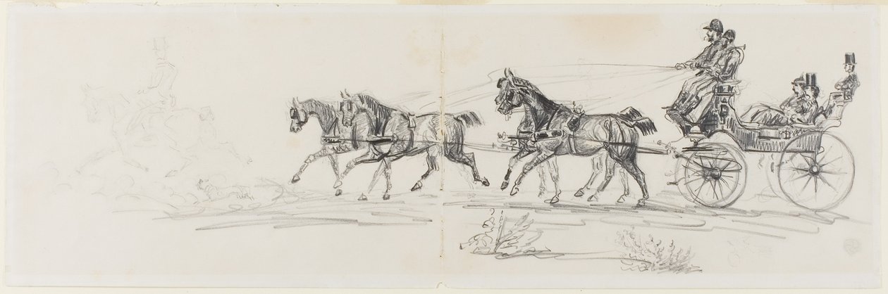 Hestevogn foran en enkelt rytter (recto); Mann på hest med pledd og skisser av hoder, hester og triumfbue (verso) av Henri de Toulouse-Lautrec
