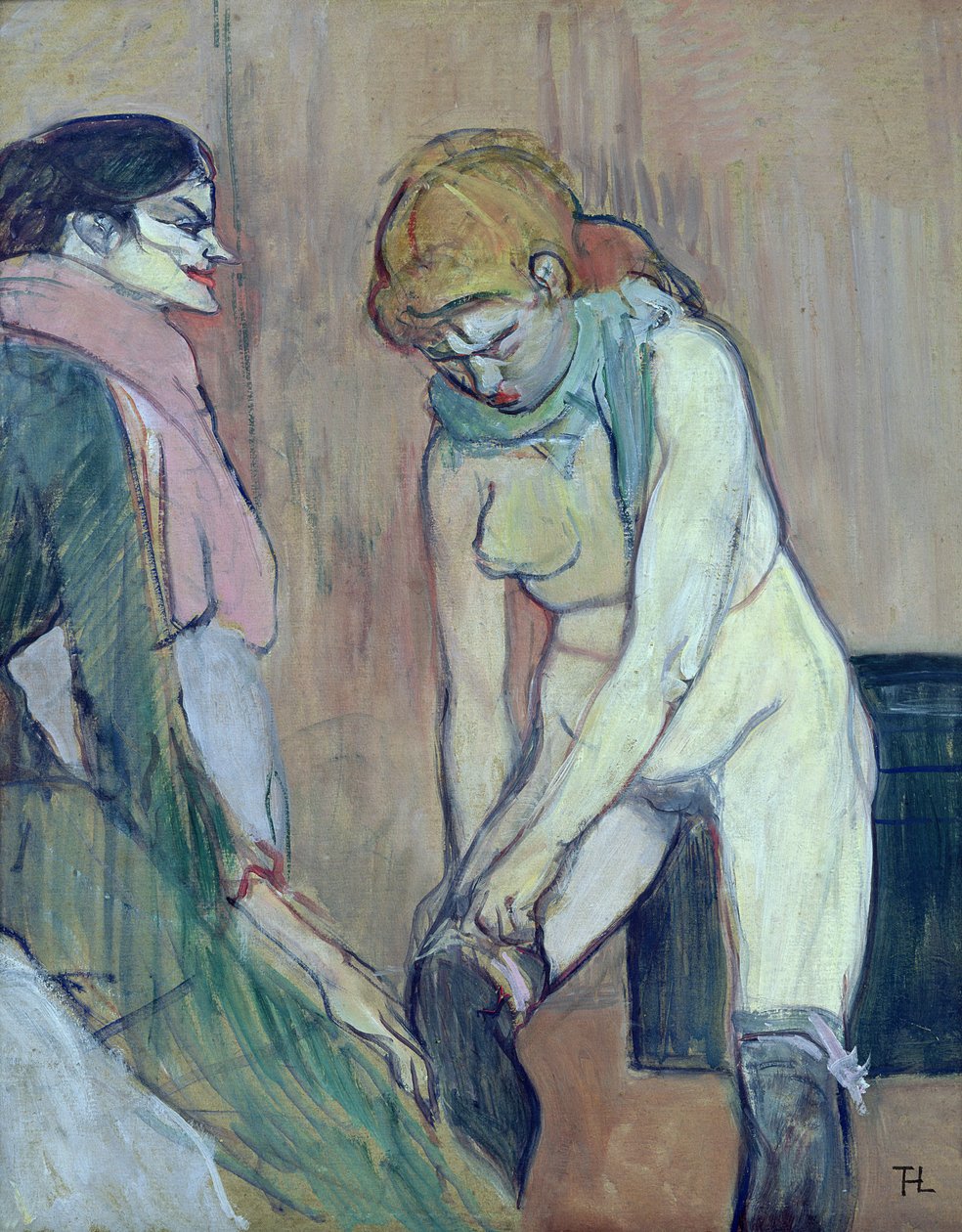 Kvinne som tar på seg strømpen, eller husets kvinne, ca. 1894 (olje på kort) av Henri de Toulouse Lautrec