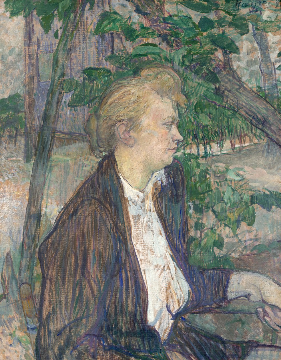 Kvinne som sitter i en hage av Henri de Toulouse Lautrec